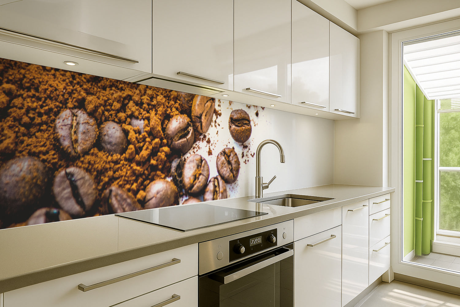 Küchenrückwand Kaffeebohnen und Pulver