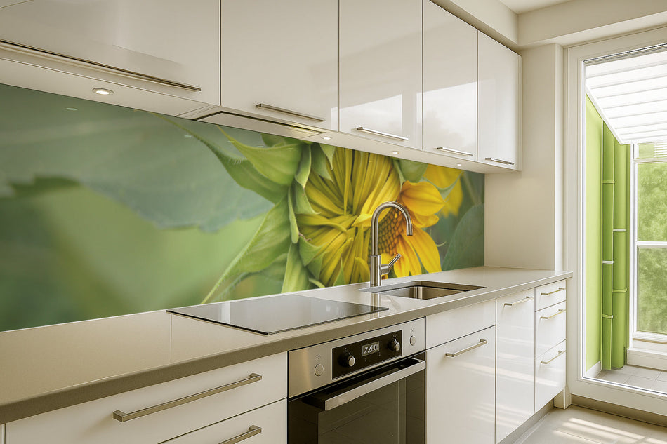 Küchenrückwand Sonnenblume im Aufblühen