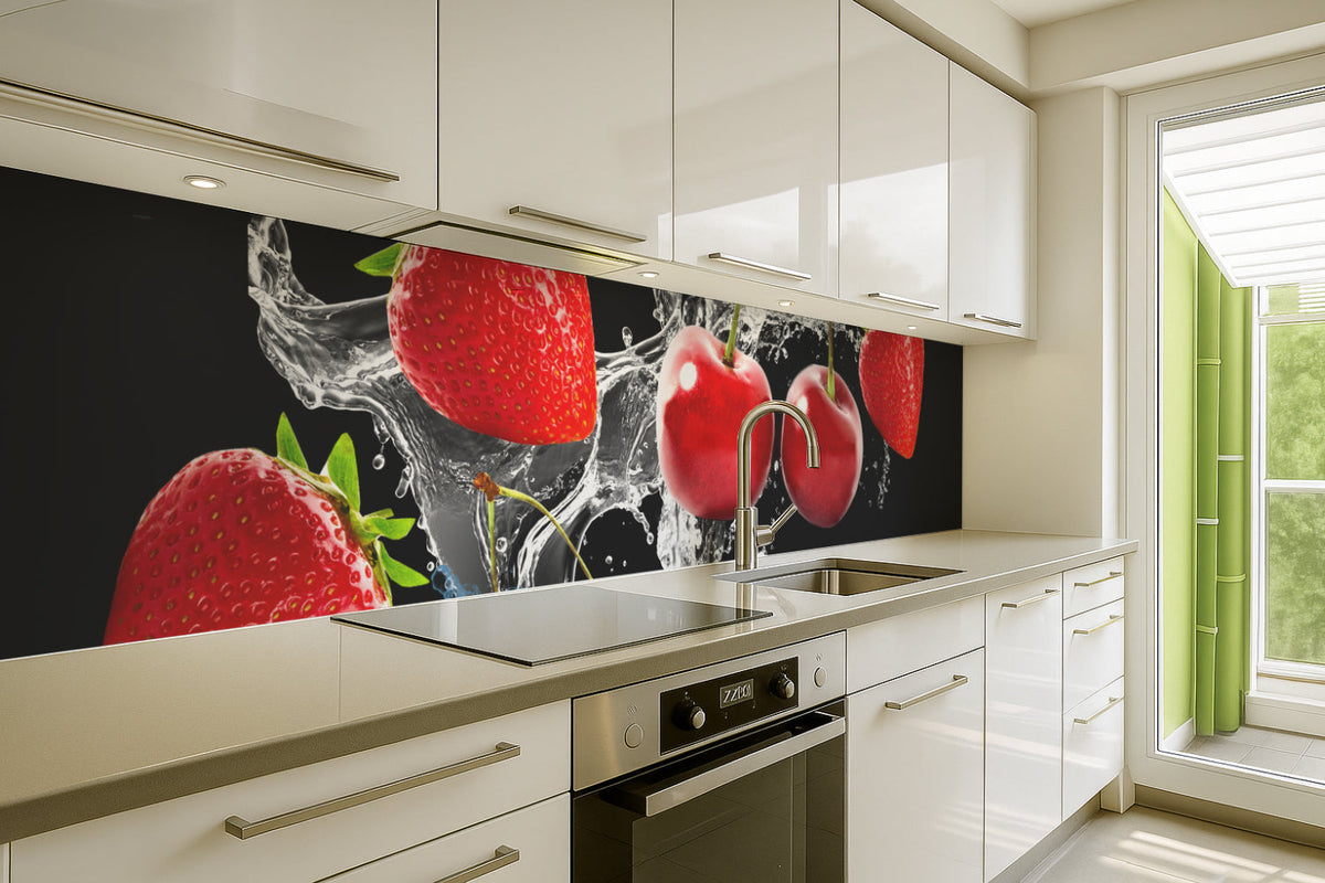 Küchenrückwand mit Erdbeeren und Kirschen