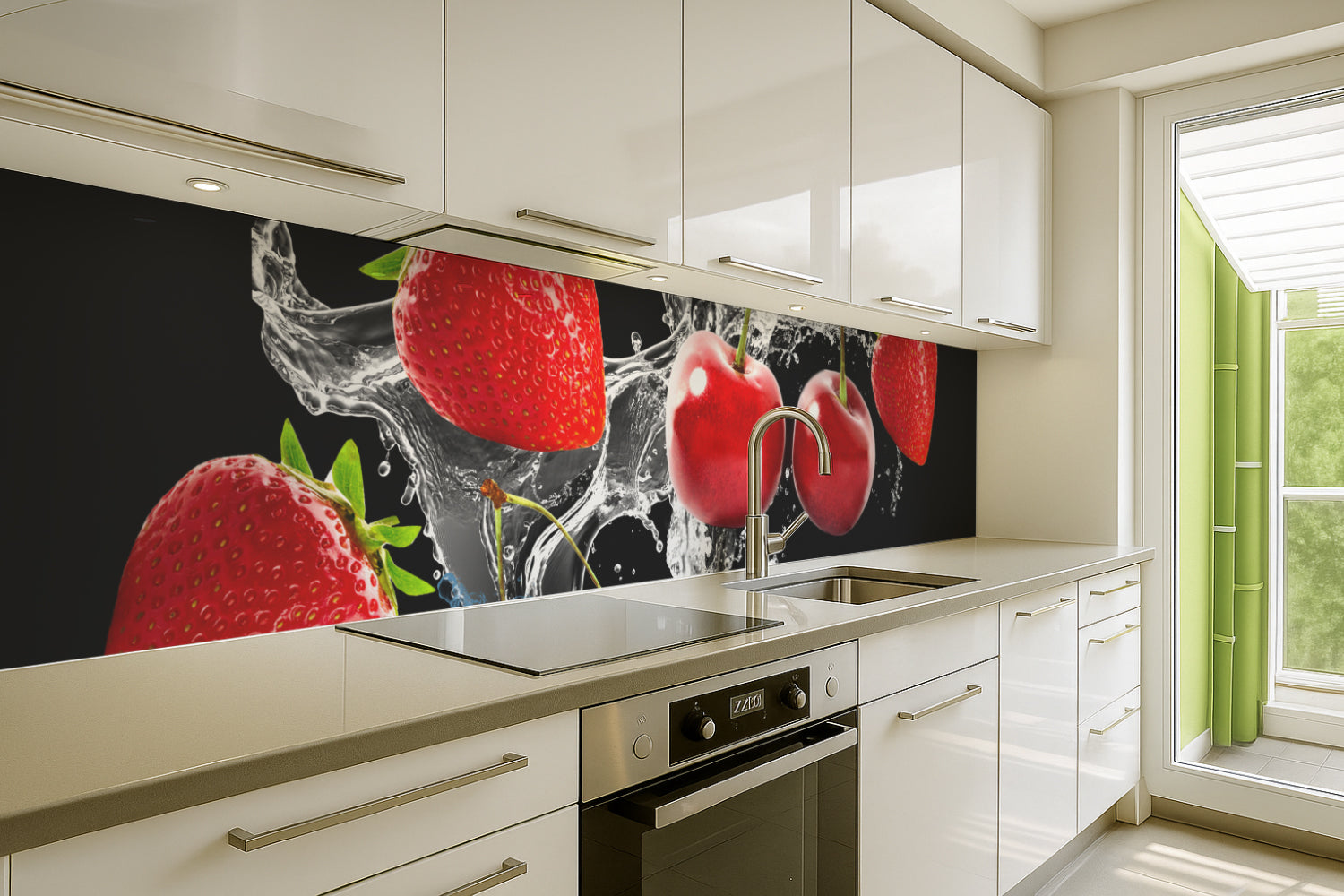 Küchenrückwand mit Erdbeeren und Kirschen
