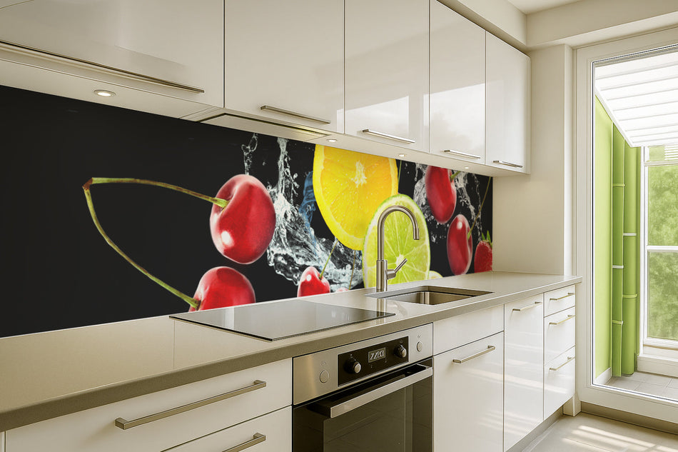 Küchenrückwand mit Obst & Wasser