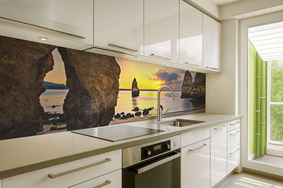 Küchenrückwand Sonnenuntergang am Felsenstrand