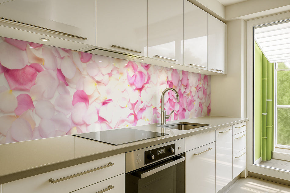 Küchenrückwand Rosenblätter in Rosa & Weiß