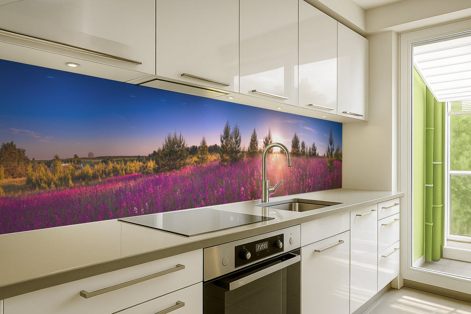 Küchenrückwand Blumenwiese im Sonnenuntergang