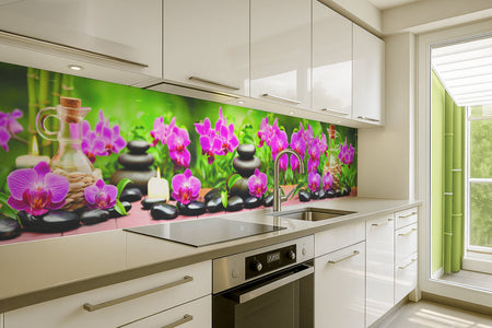 Küchenrückwand Wellnessmotiv – Orchideen, Steine & Kerzen