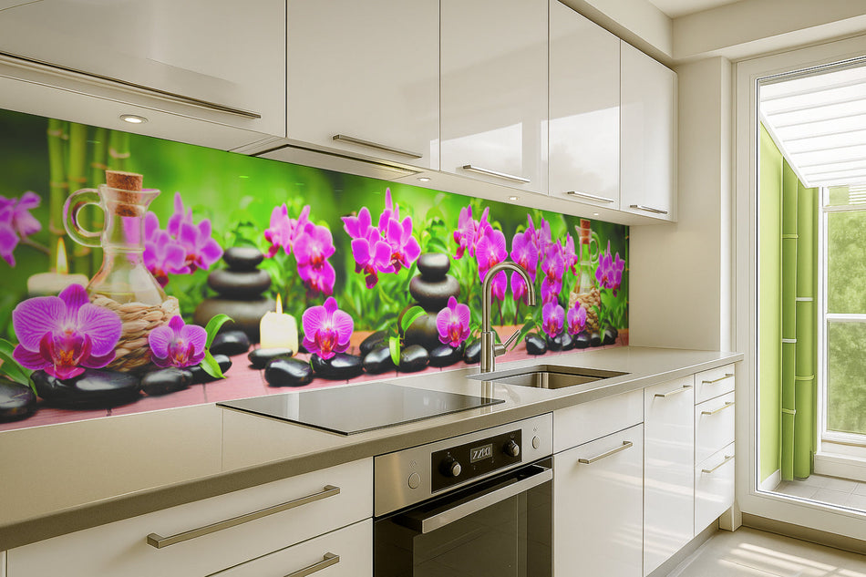 Küchenrückwand Wellnessmotiv – Orchideen, Steine & Kerzen