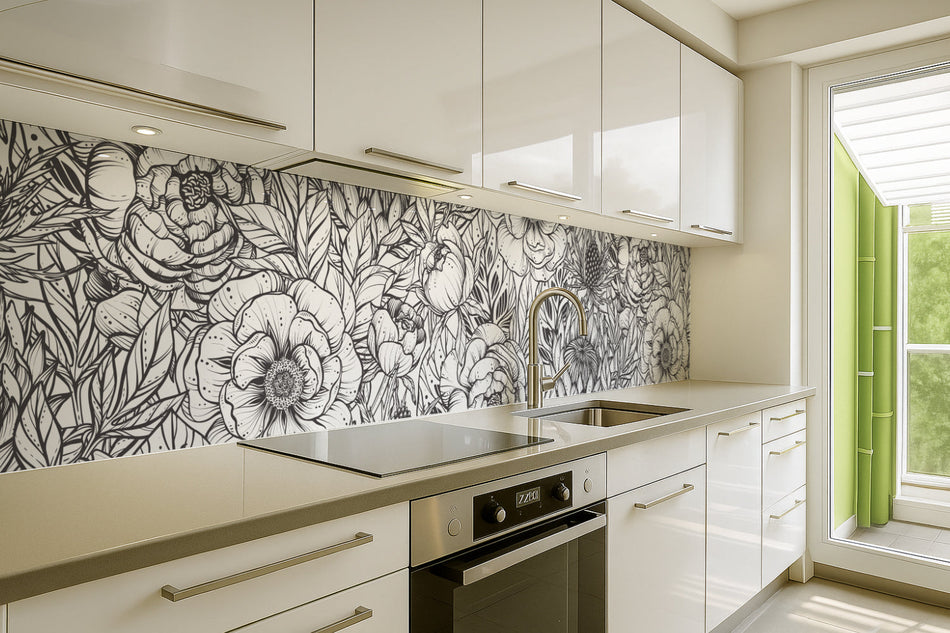Küchenrückwand Blumen Schwarz Weiß