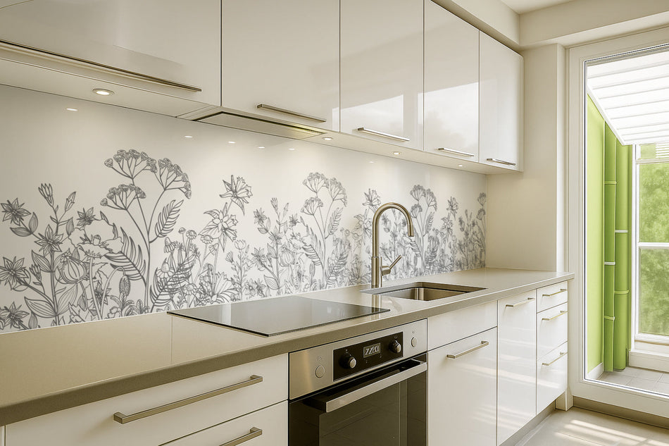 Küchenrückwand Wiesenblumen Schwarz Weiß