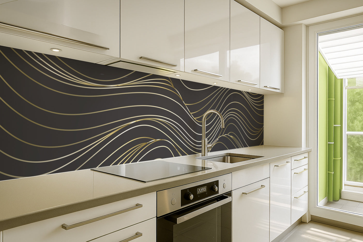 Küchenrückwand Schwarz Gold Wellen Design
