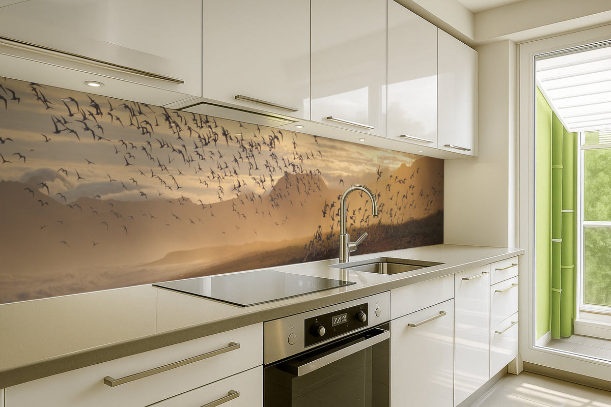 Küchenrückwand Sonnenlicht und Vogelschwarm
