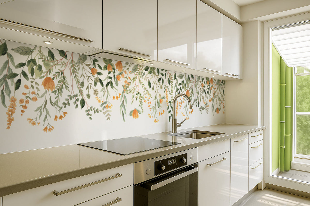 Küchenrückwand Blätter und Blüten Aquarellstil