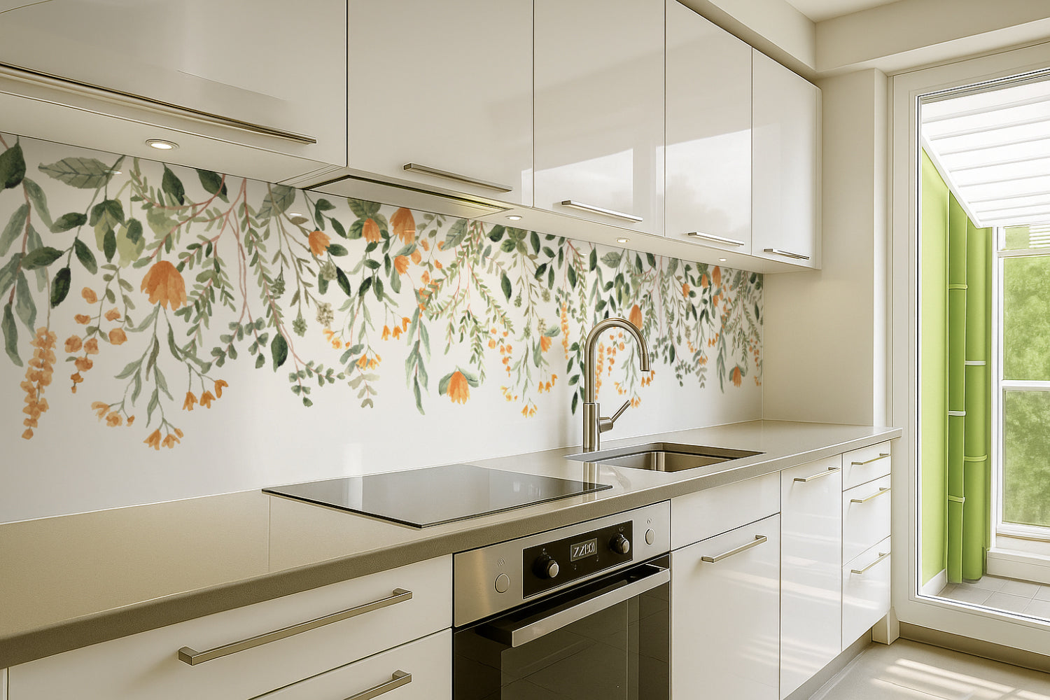 Küchenrückwand Blätter und Blüten Aquarellstil