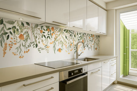 Küchenrückwand Blätter und Blüten Aquarellstil