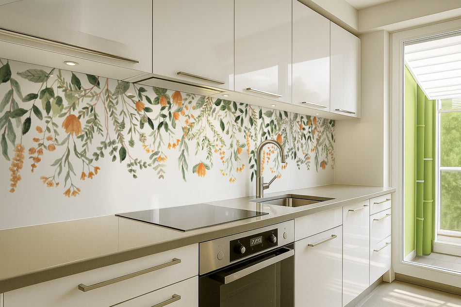 Küchenrückwand Blätter und Blüten Aquarellstil