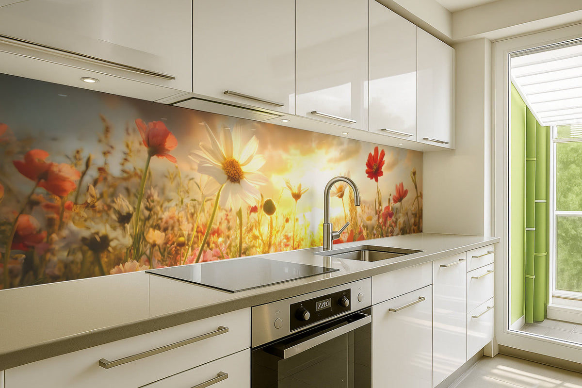 Küchenrückwand Blumenwiese im Sonnenuntergang