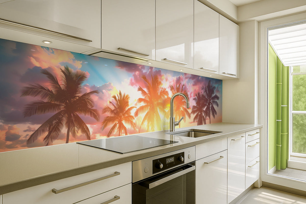 Küchenrückwand Palmen im Sonnenuntergang