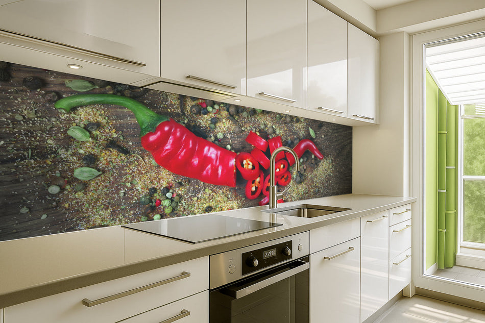 Küchenrückwand Chili und Gewürze