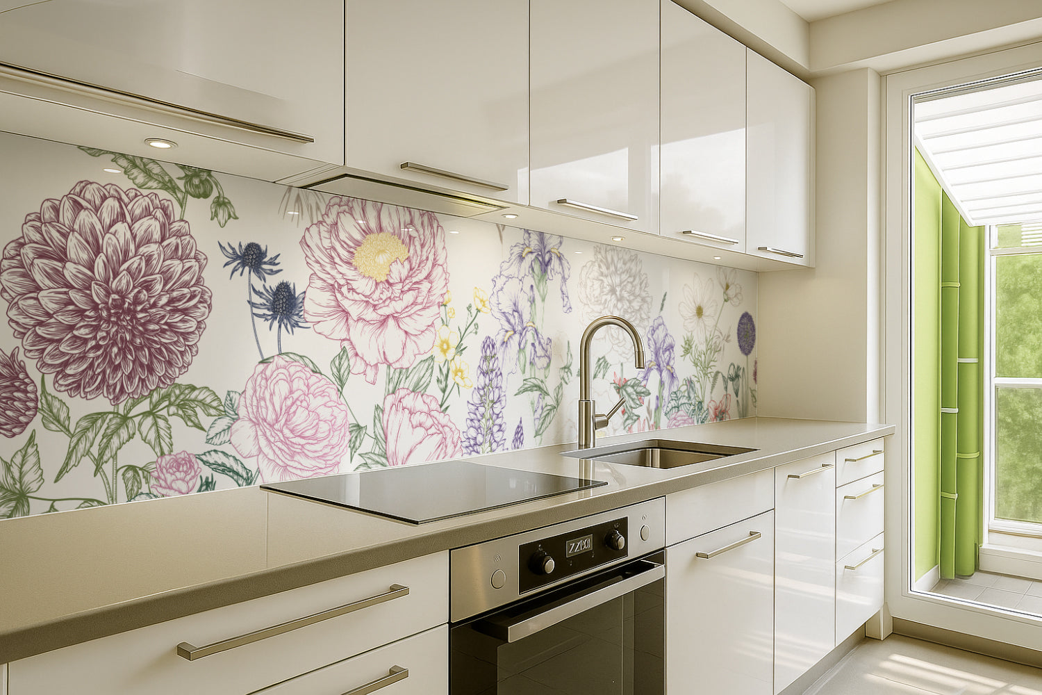 Küchenrückwand Botanische Blumenzeichnung