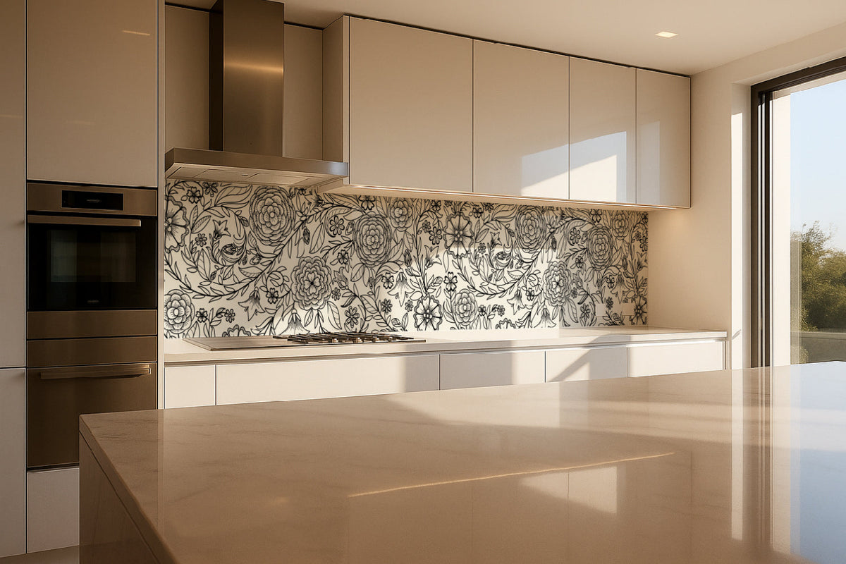 Küchenrückwand Blumenmuster Schwarzweiß