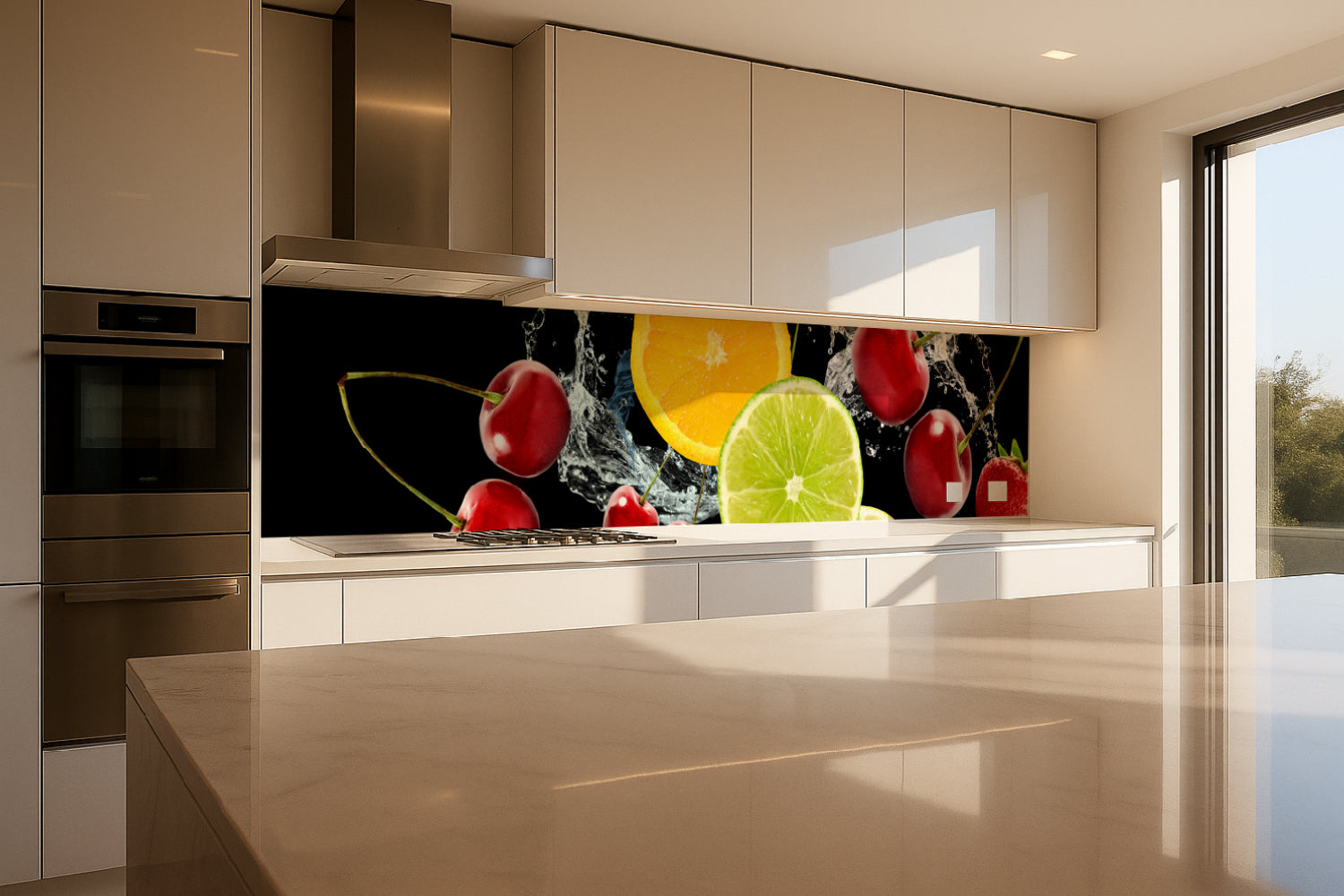 Küchenrückwand mit Obst & Wasser