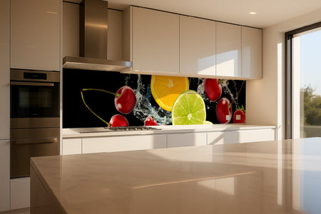 Küchenrückwand mit Obst & Wasser