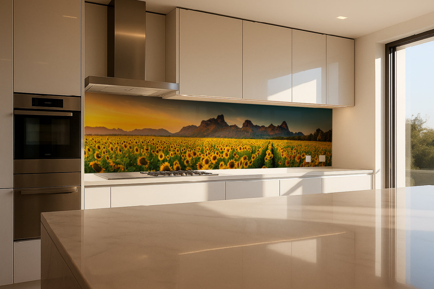 Küchenrückwand Sonnenblumenfeld im Sonnenlicht