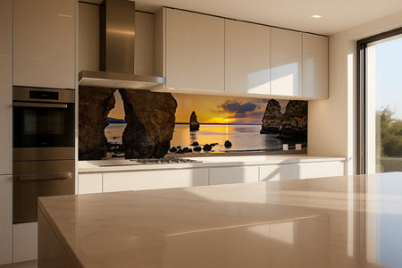 Küchenrückwand Sonnenuntergang am Felsenstrand