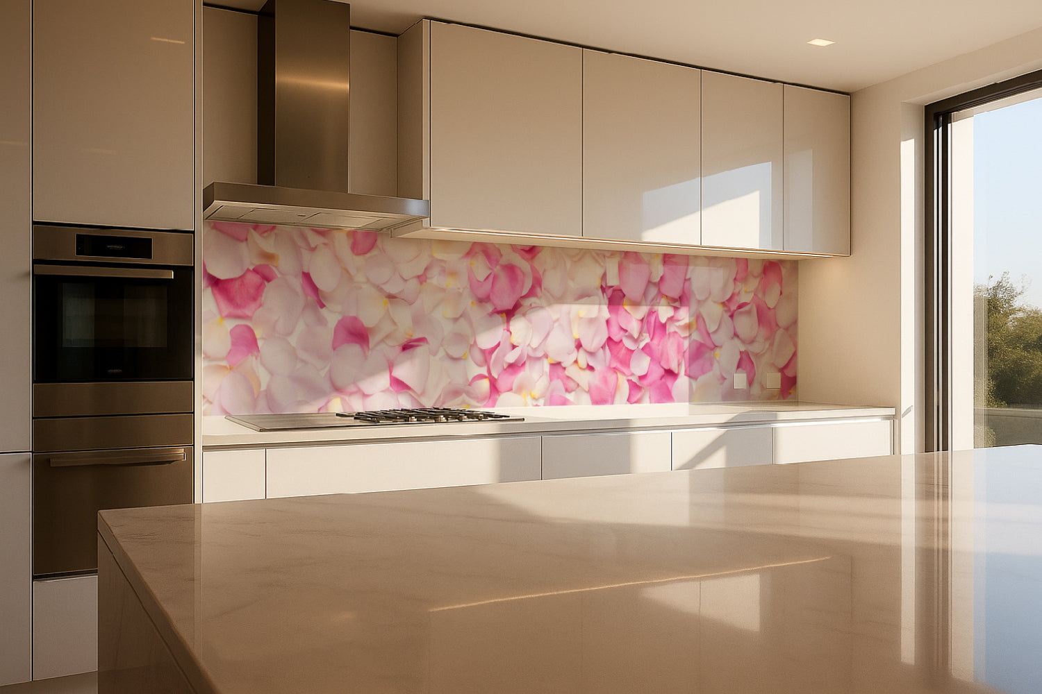 Küchenrückwand Rosenblätter in Rosa & Weiß