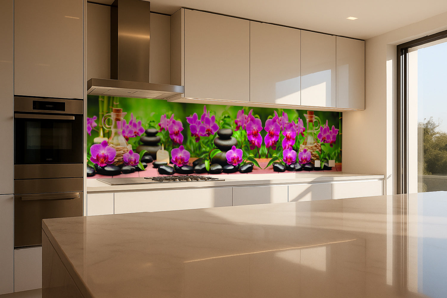 Küchenrückwand Wellnessmotiv – Orchideen, Steine & Kerzen