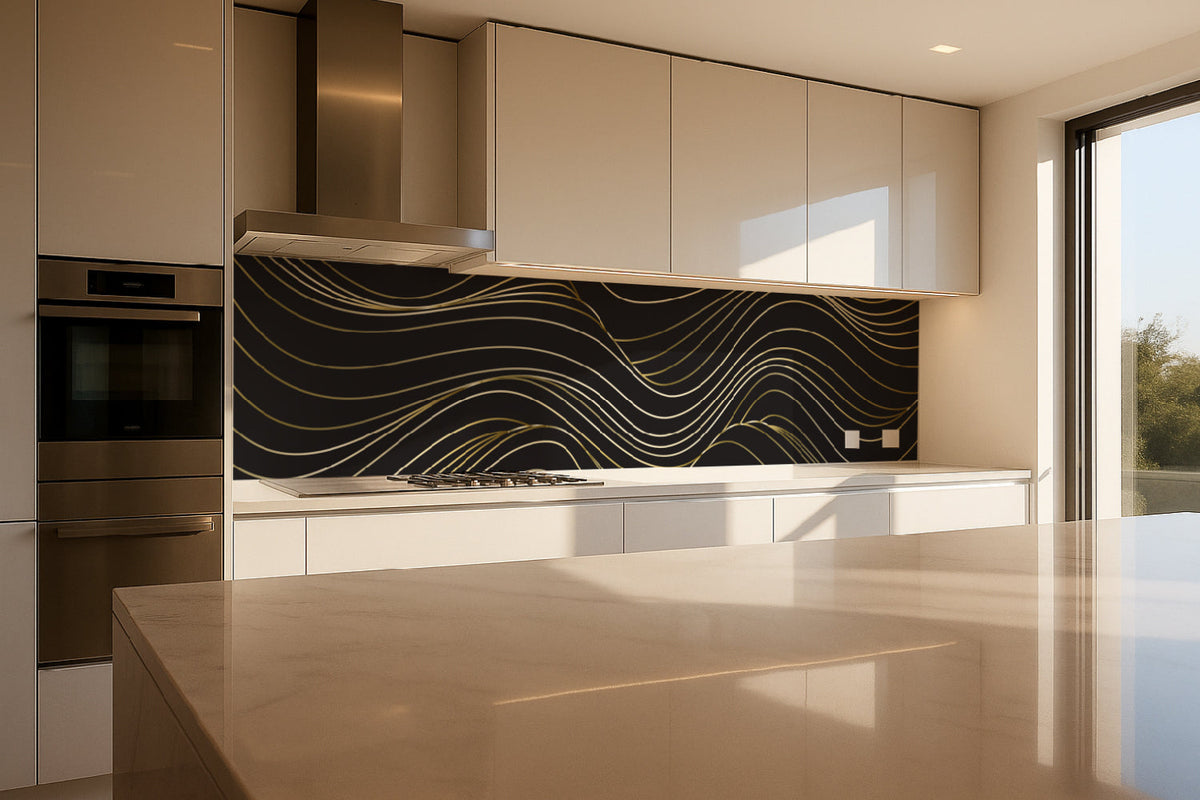 Küchenrückwand Schwarz Gold Wellen Design