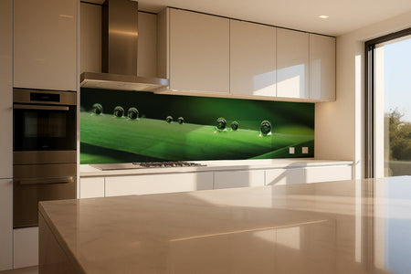 Küchenrückwand Grüne Blätter mit Tautropfen