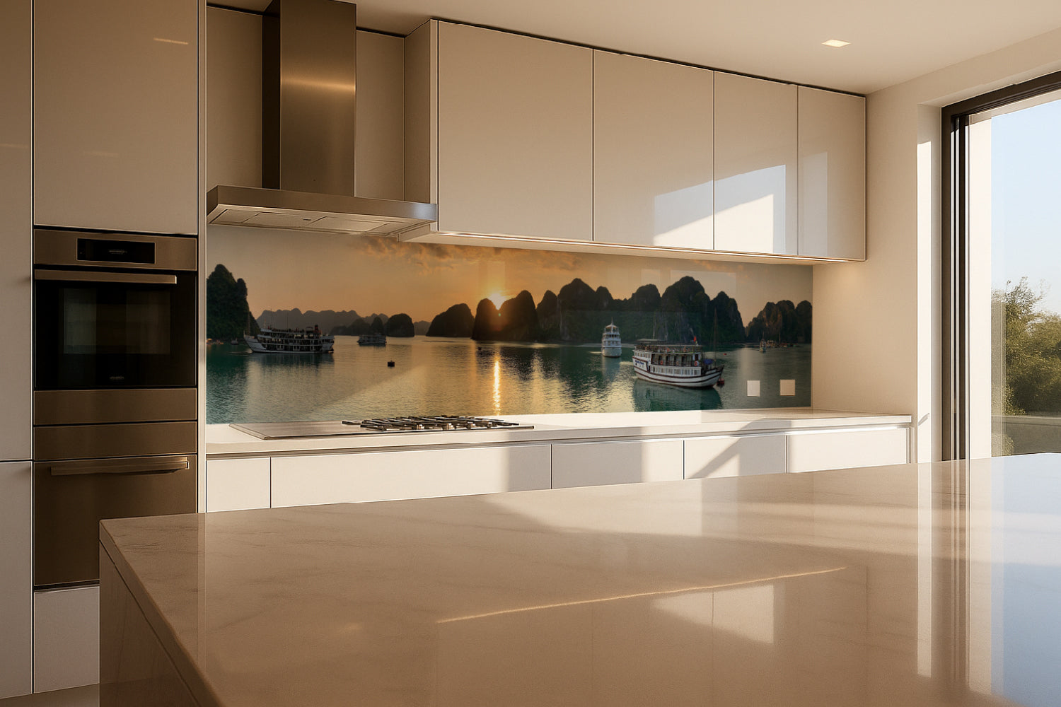 Küchenrückwand Panorama mit Booten und Felsen