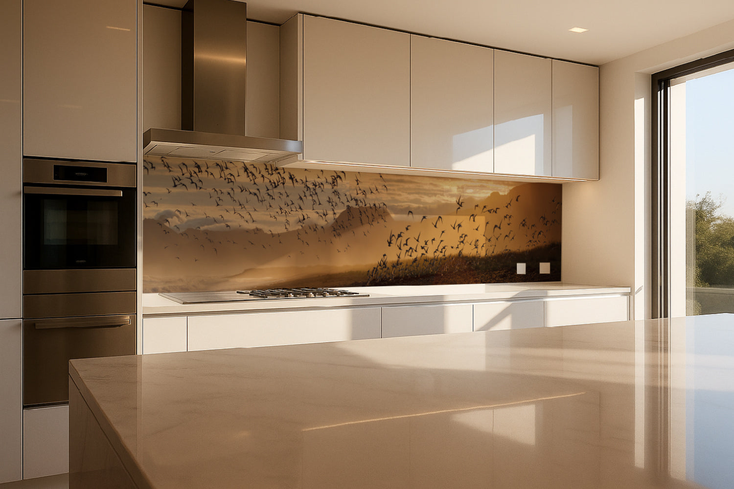Küchenrückwand Sonnenlicht und Vogelschwarm