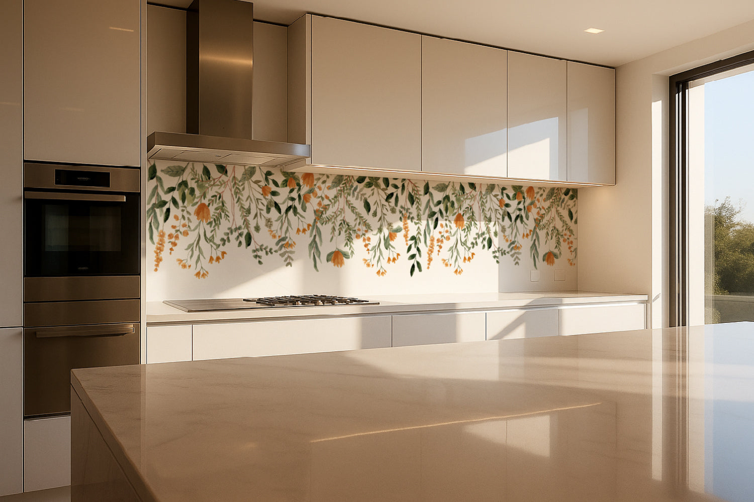 Küchenrückwand Blätter und Blüten Aquarellstil