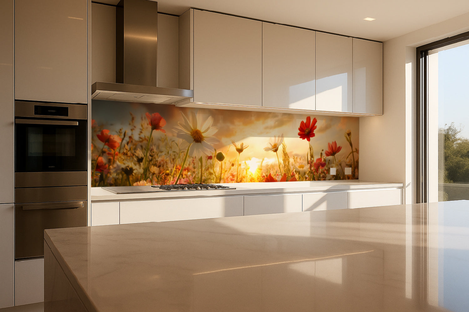 Küchenrückwand Blumenwiese im Sonnenuntergang