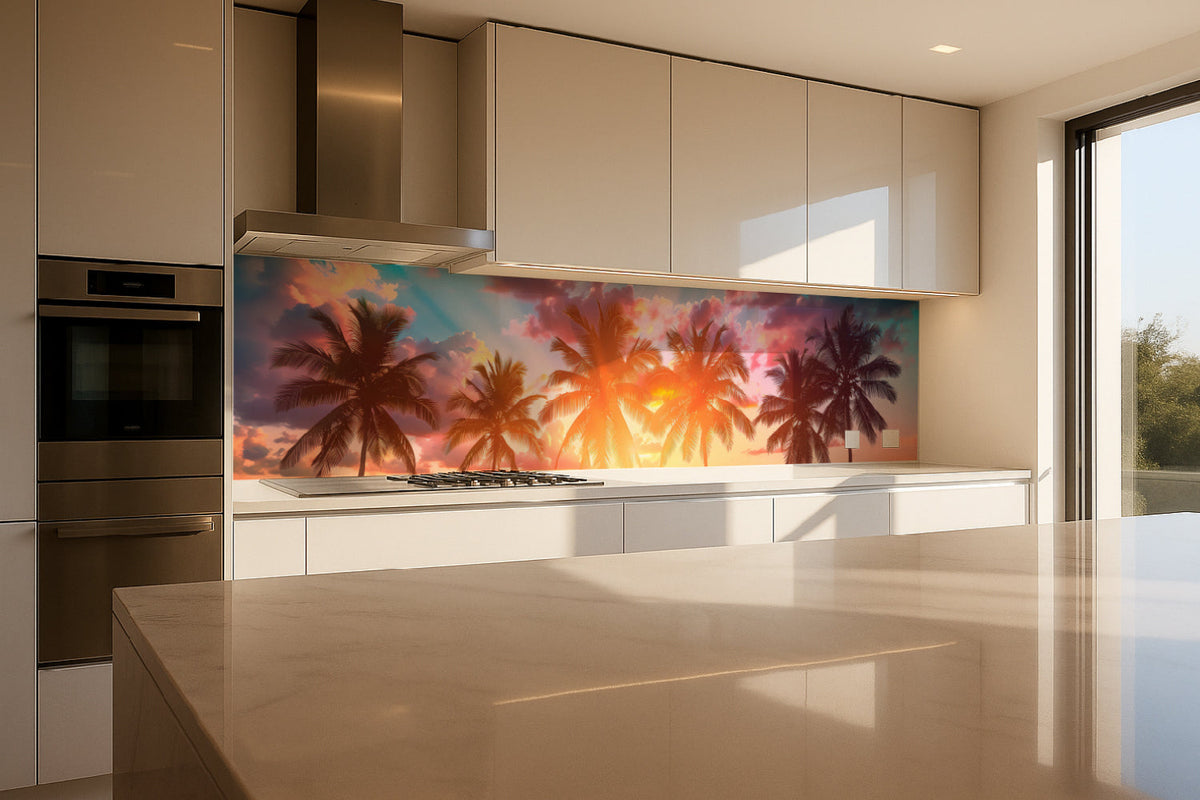 Küchenrückwand Palmen im Sonnenuntergang