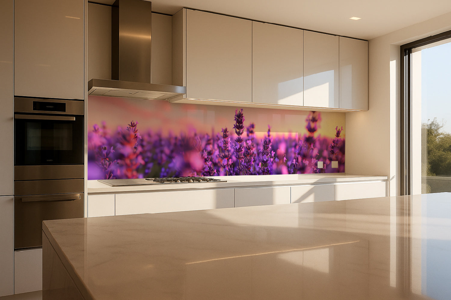 Küchenrückwand Lavendel im Sonnenuntergang