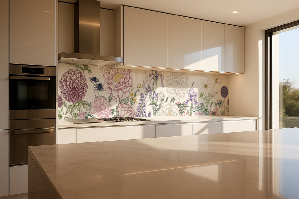 Küchenrückwand Botanische Blumenzeichnung