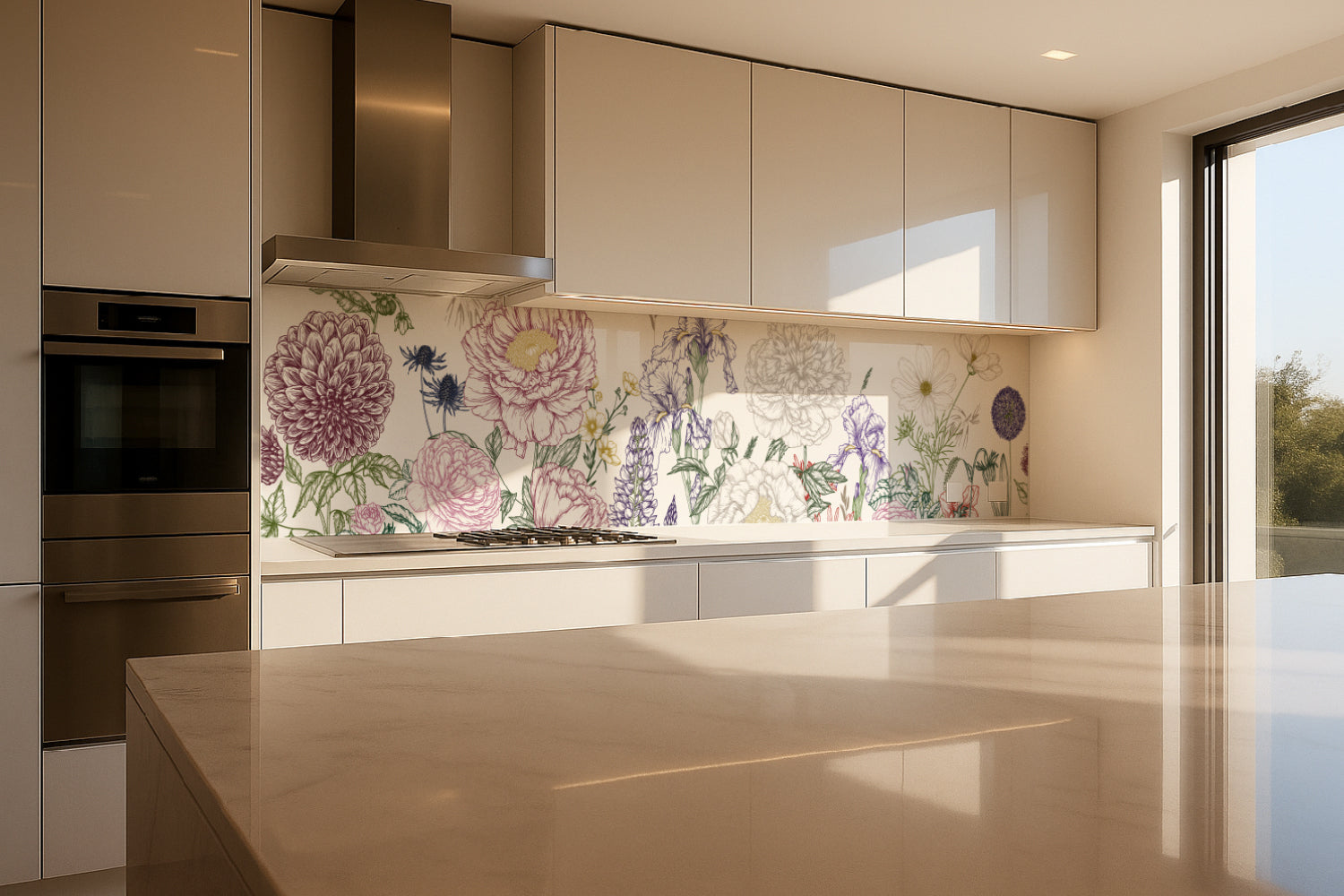 Küchenrückwand Botanische Blumenzeichnung