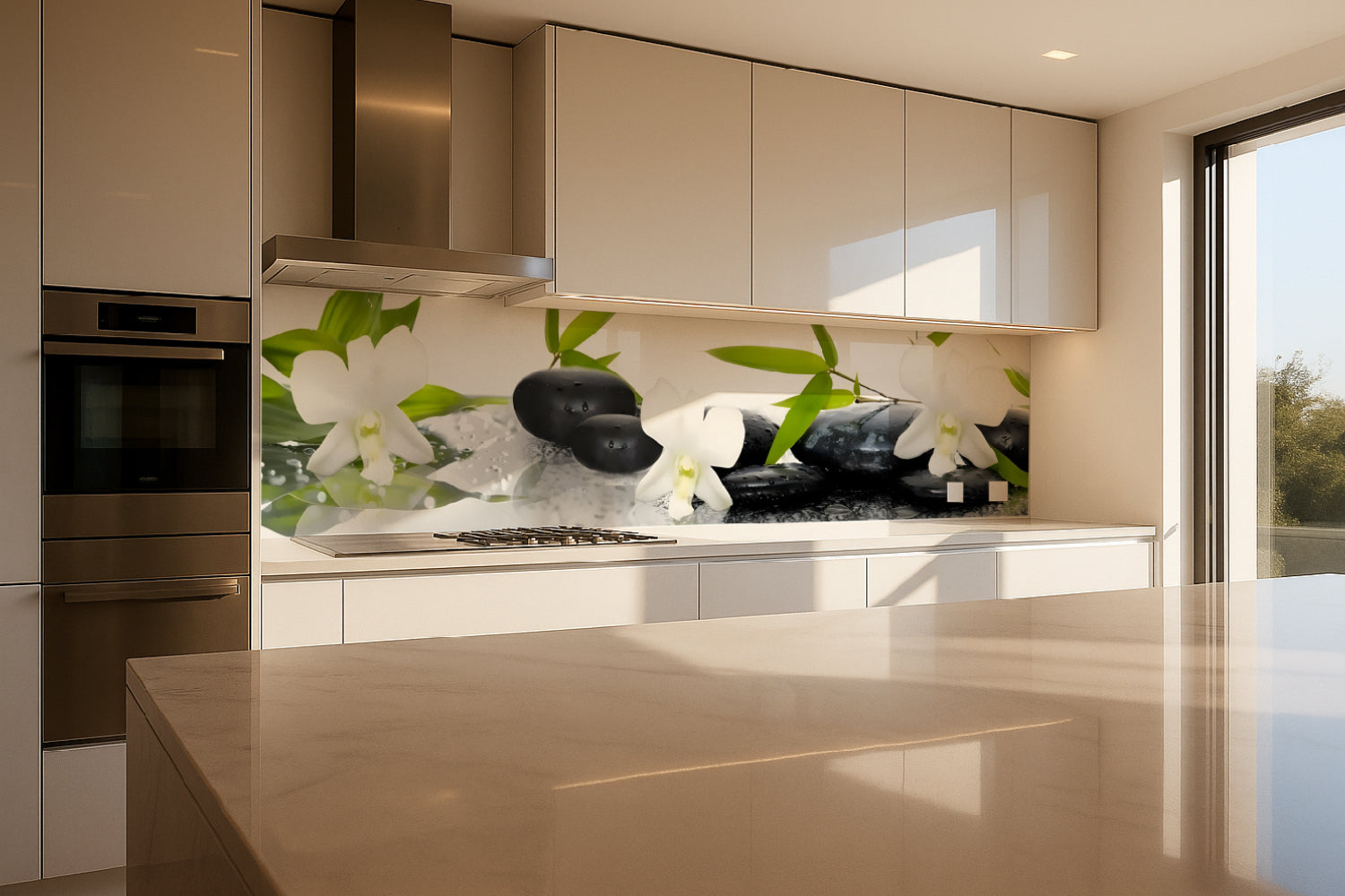 Küchenrückwand Zen mit Orchideen und Steinen