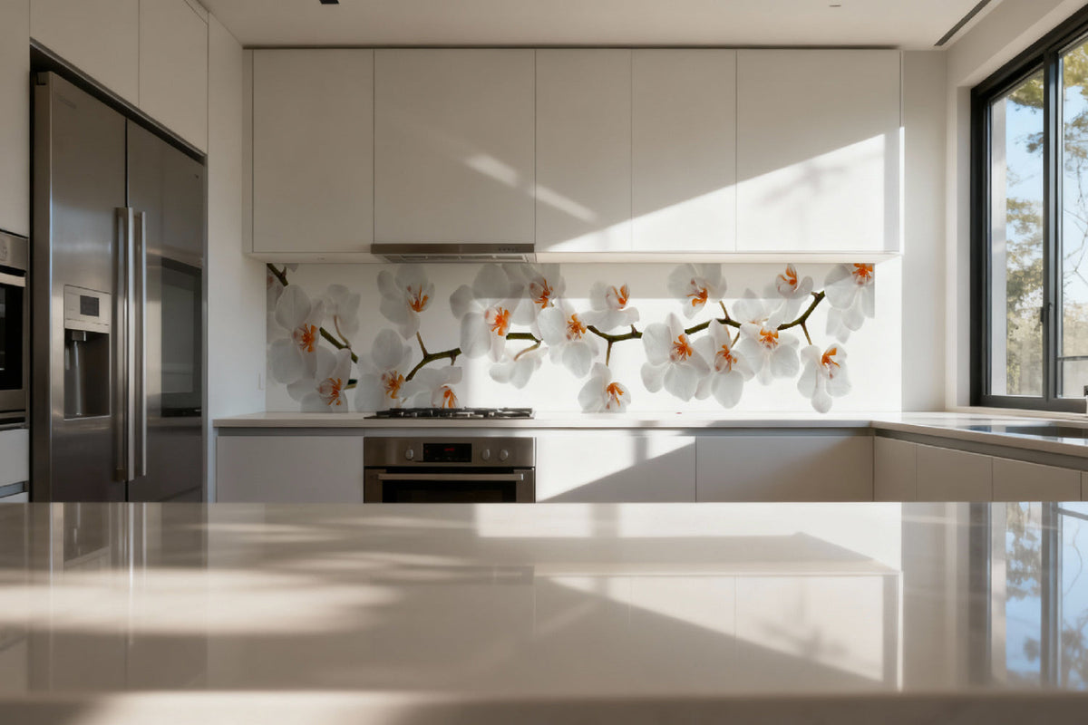 Küchenrückwand Weiße Orchideenblüten