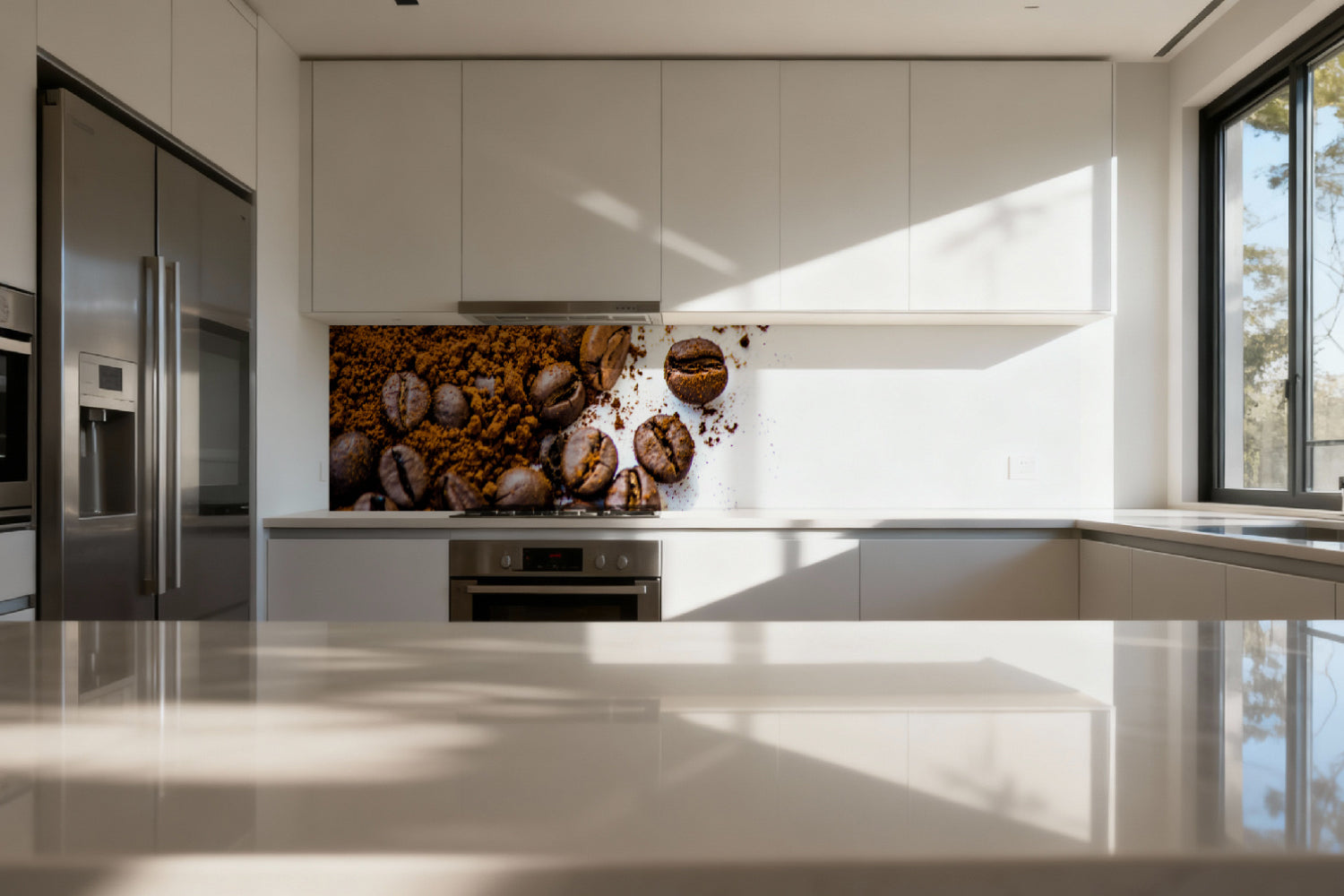 Küchenrückwand Kaffeebohnen und Pulver