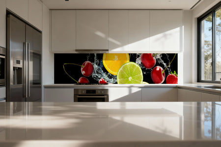 Küchenrückwand mit Obst & Wasser