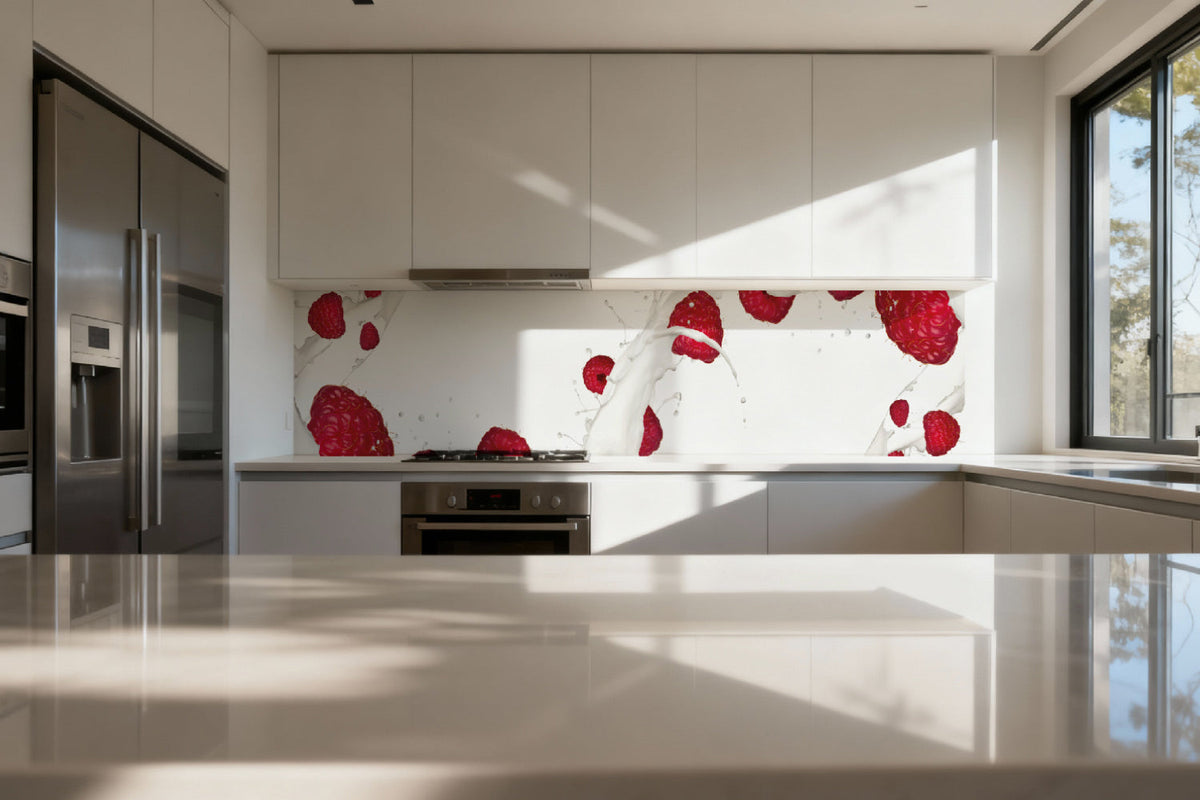 Küchenrückwand Himbeeren Milch Splash