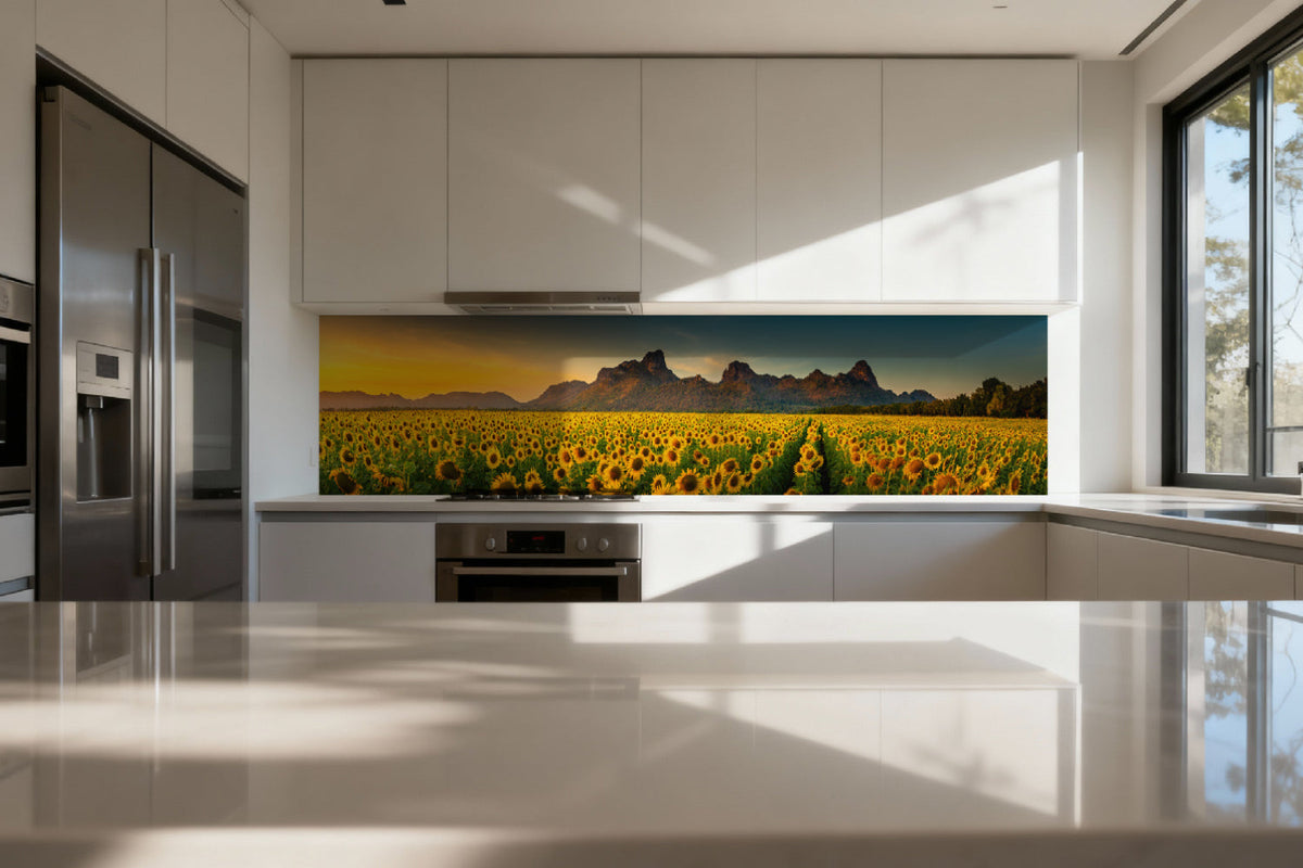 Küchenrückwand Sonnenblumenfeld im Sonnenlicht