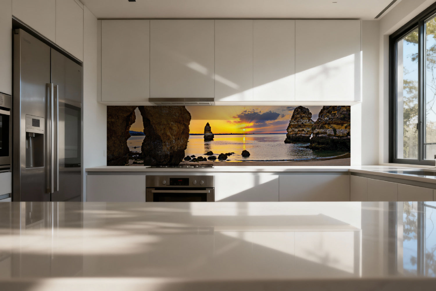 Küchenrückwand Sonnenuntergang am Felsenstrand