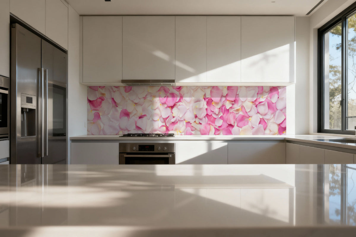 Küchenrückwand Rosenblätter in Rosa & Weiß