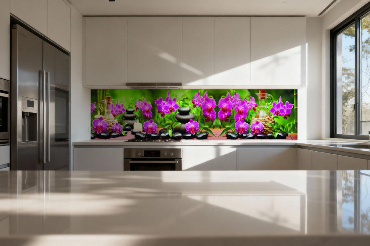 Küchenrückwand Wellnessmotiv – Orchideen, Steine & Kerzen