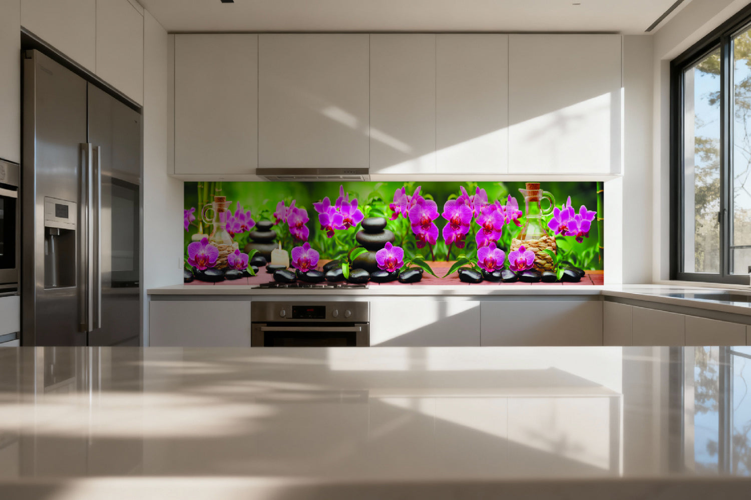 Küchenrückwand Wellnessmotiv – Orchideen, Steine & Kerzen