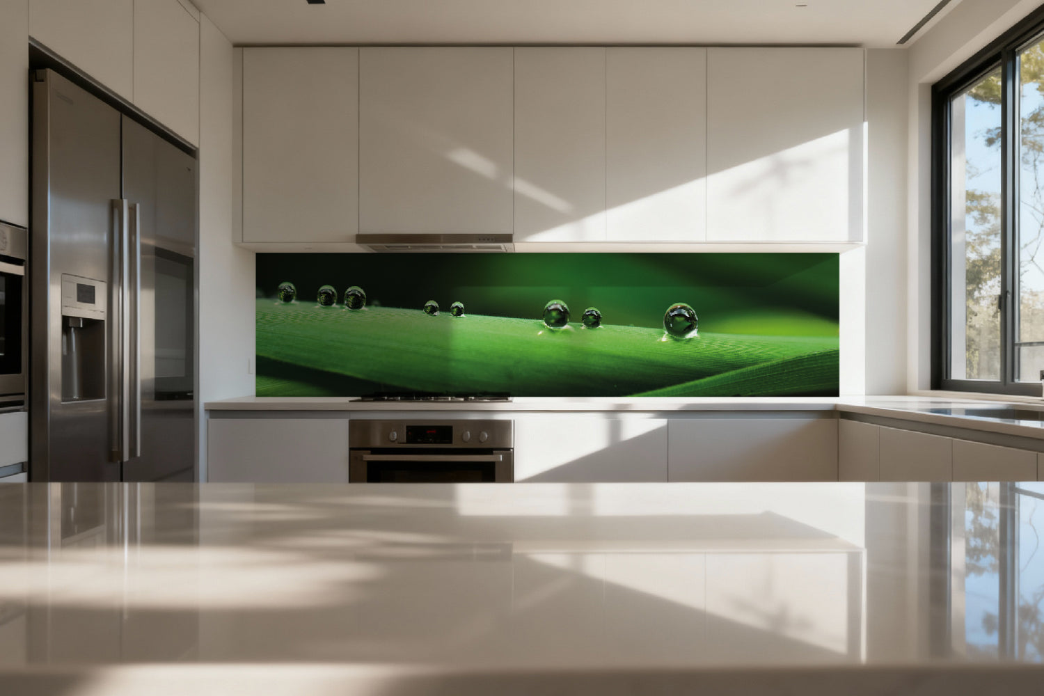 Küchenrückwand Grüne Blätter mit Tautropfen